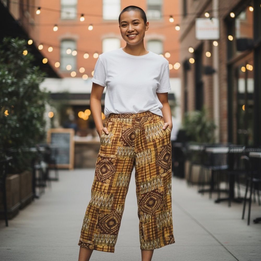 Boho Emerald Fashion Women's Patchwork Capris - Mustard and Brown